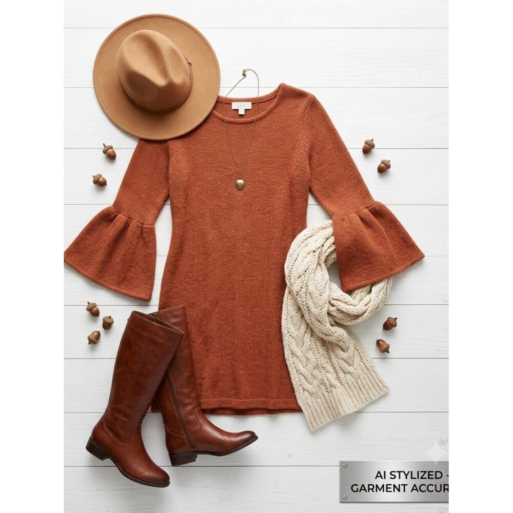 Anthropologie Moth Rust Terracotta Bell Sleeve Knit Sweater Dress Tunic XL
